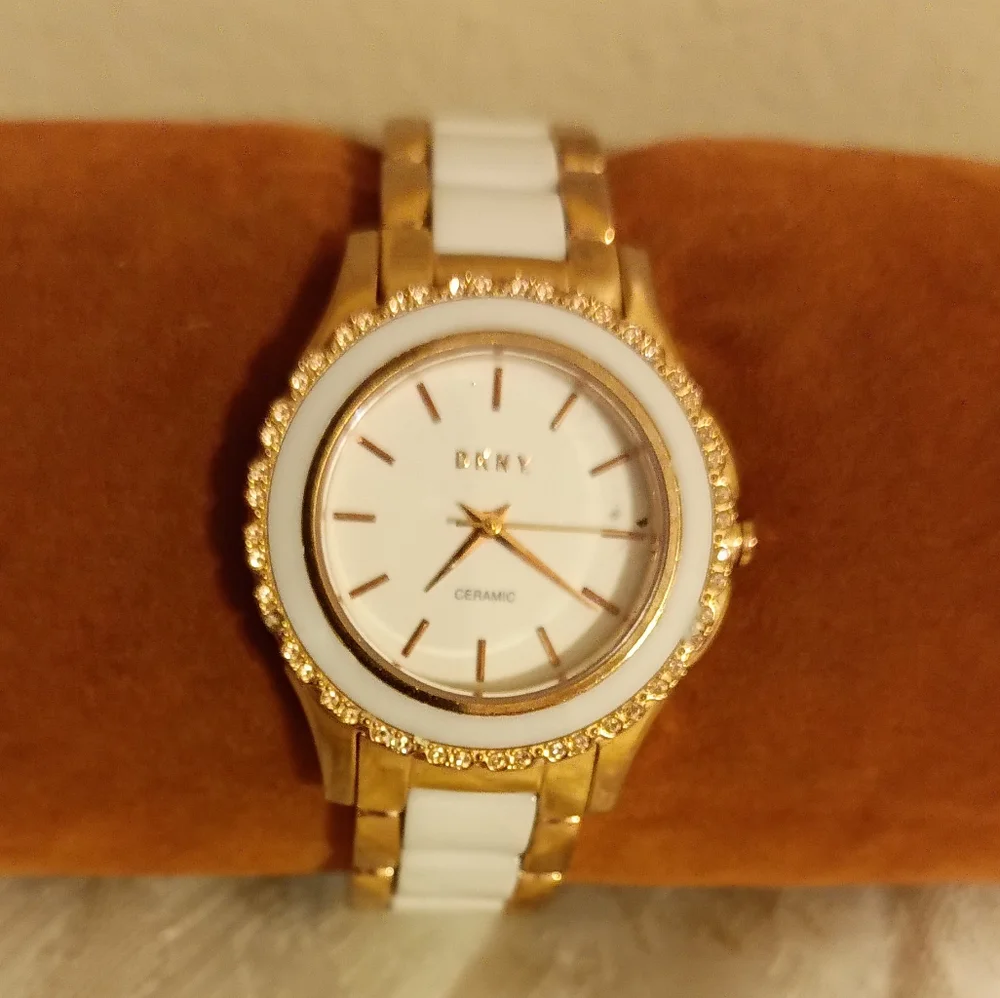 DKNY white and gold tone ceramic women's watch